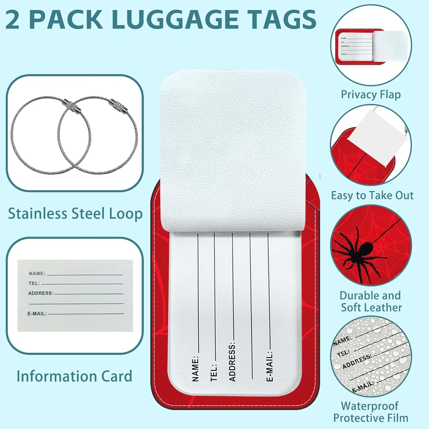 Spider on Spider Web Luggage Tag for Suitcase Set of 2 PU Leather Cute Luggage Tags with Stainless Metal Loop ID Label Privacy Flap Suitcase Tags for Women and Men Travel