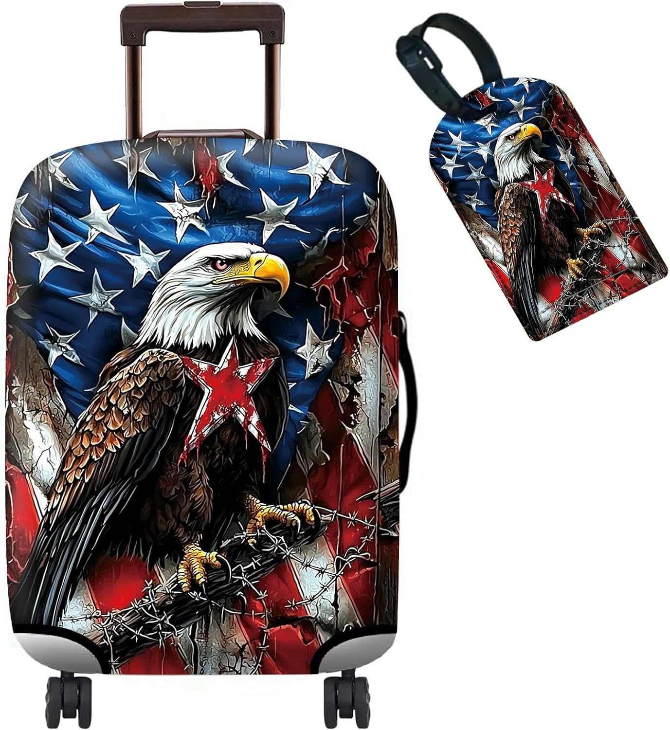 Luggage Cover + Tag, Eagle American Flag Travel Suitcase Protector for 18-20 inch Luggage (S) with Concealed Zipper, Washable Elastic Cloth, Dustproof, Anti-Scratch