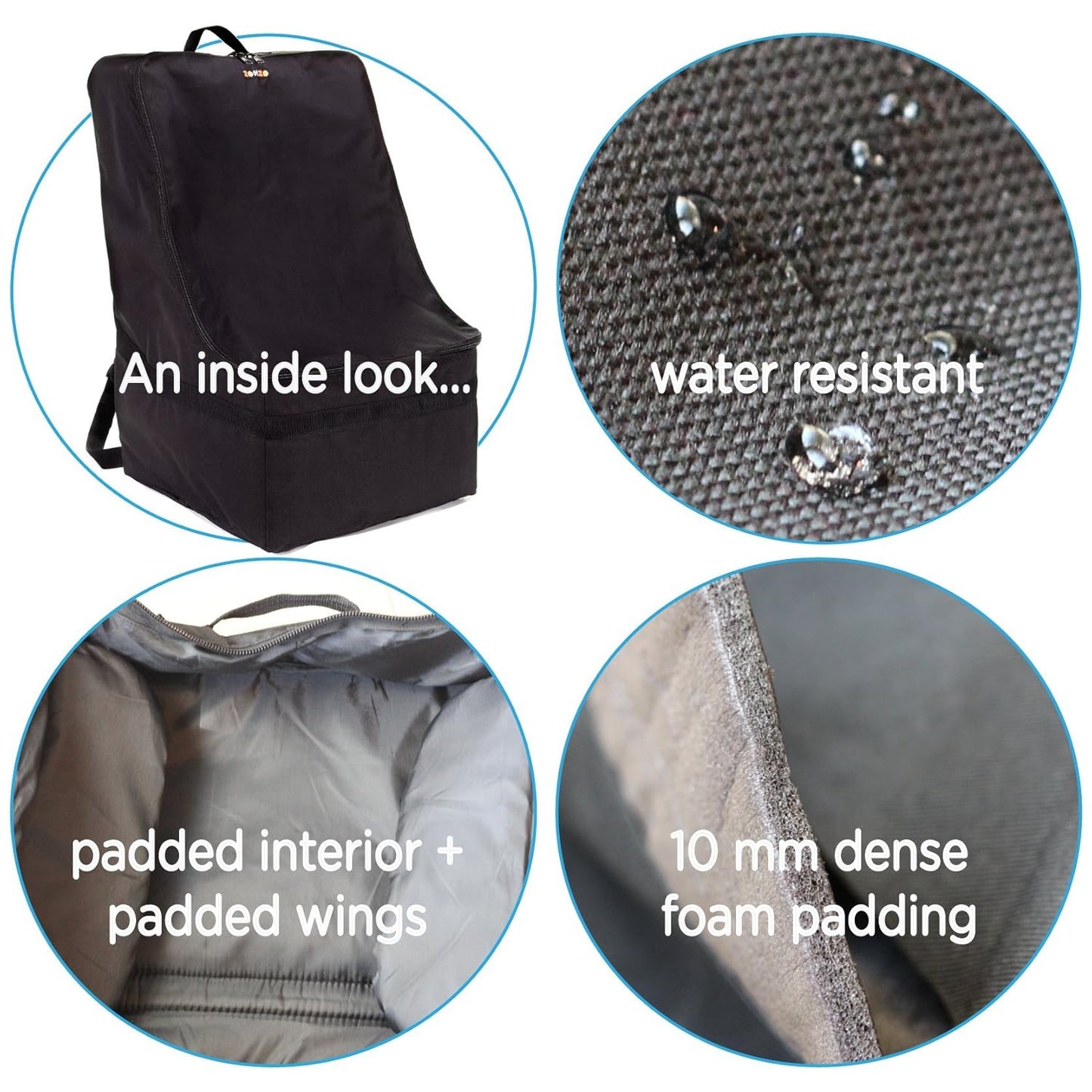 Car Seat Travel Bag — Adjustable, Padded Backpack for Car Seats — Car Seat Travel Tote (Gray with Black Trim)