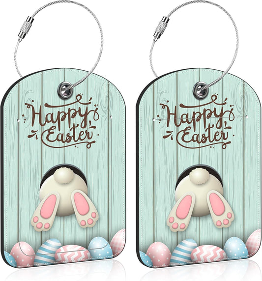 2 PCS Leather Luggage Tags for Suitcase Bunny Bottom and Easter Eggs Travel Luggage Tag with Privacy Flap Name ID Label and Metal Loop for Travel Bag Suitcase