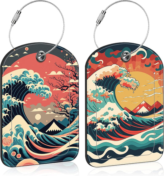 Japanese Style Ocean Wave Sun Leather Luggage Tag for Suitcase 2 Pack Luggage Tag with Privacy Name ID Label and Stainless Steel Loop for Travel Bag Suitcase