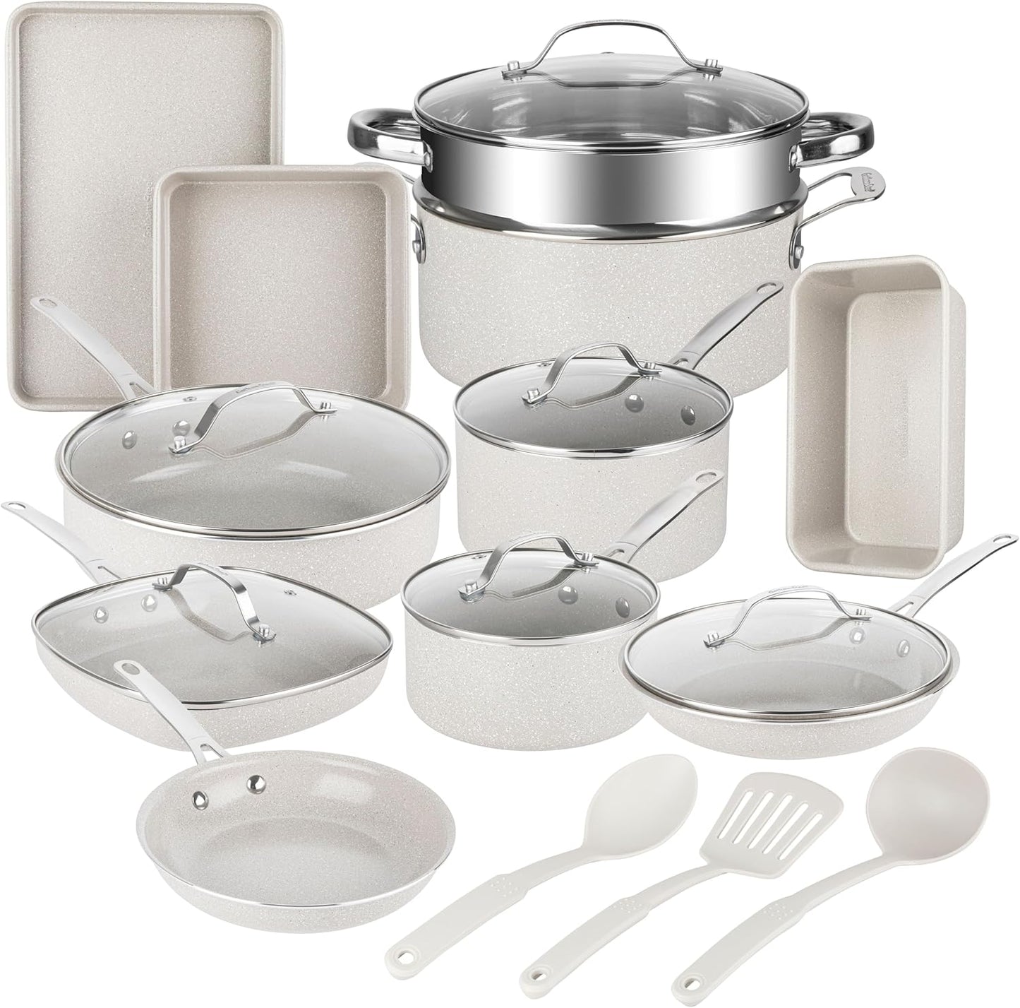 Granitestone 20 Pc Ceramic Cookware Set Nonstick, Complete Pots and Pans Set Non Stick for Kitchen with Bakeware, Cooking Utensils & Steamer, Non Toxic Made Without PFOA PFOS, Oven & Dishwasher Safe