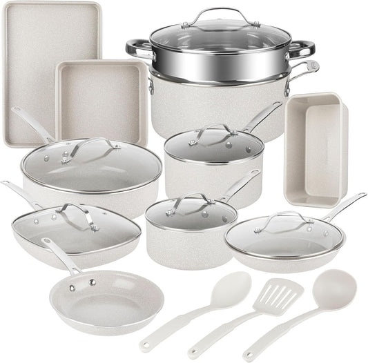 Granitestone 20 Pc Ceramic Cookware Set Nonstick, Complete Pots and Pans Set Non Stick for Kitchen with Bakeware, Cooking Utensils & Steamer, Non Toxic Made Without PFOA PFOS, Oven & Dishwasher Safe