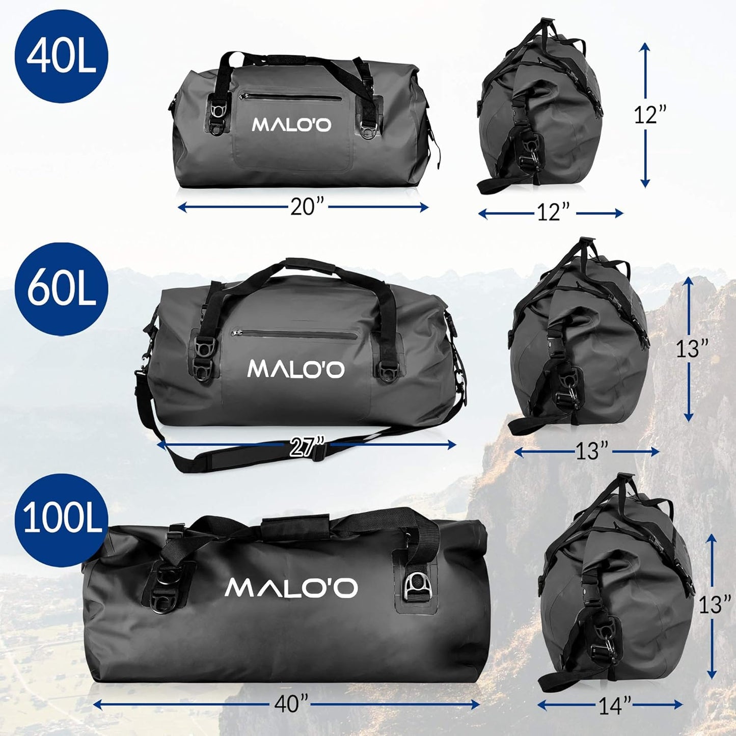 Malo'o Waterproof Dry Bag Duffel 40L/60L/100L, Roll Top Duffel Keeps Gear Dry for Kayaking, Rafting, Boating, Swimming, Camping, Hiking, Beach, Fishing - Internal & External Pockets