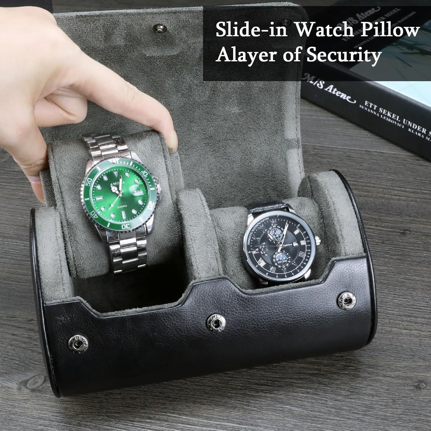 Travel Watch Case - Two Watch Roll Storage Box Organizer for Men's Women's Wristwatches & Smart Watches up to 50mm (Black / 2 Slot)