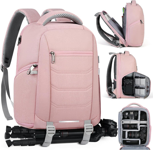 SDYSM Camera Bag Backpack Professional for DSLR SLR Mirrorless Camera Waterproof Laptop Back Pack 14 Inch with Rain Cover Anti Theft Travel Case Large Capacity Photography Backpack Pink