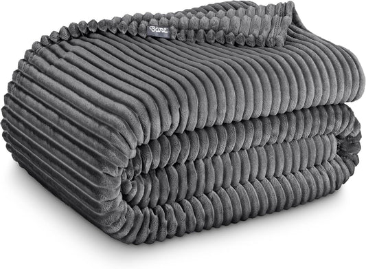 Bare Home Textured Fleece Blanket - Throw/Travel - Ultra-Soft Lightweight for Bed, Sofa, and Couch - Luxury Microplush - Cozy Warm Blanket (Throw, Ribbed Grey)