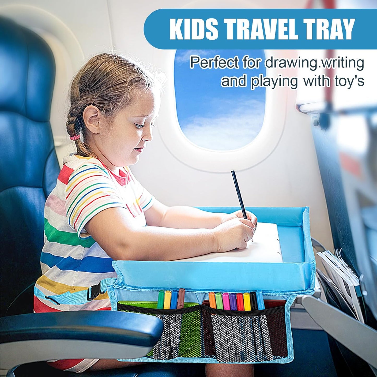 Children Auto Lap Pad - Travel Tray Tablet Holder，Car Seat Lap Tray for Toddlers, Kids，Use on Airplanes, Road Trips, Lap Desk，Tablet Holder and Carry Bag (Blue)