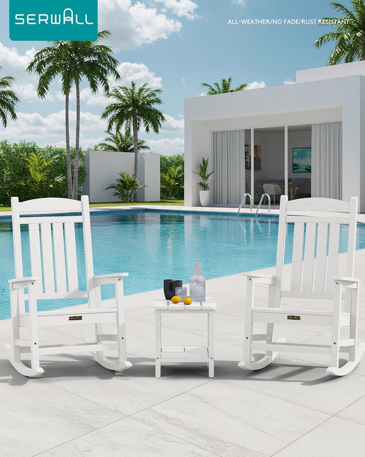 SERWALL Outdoor Rocking Chair Set of 2, HDPE Patio Rocking Chair All-Weather Porch Rocker for Balcony, Yard, White