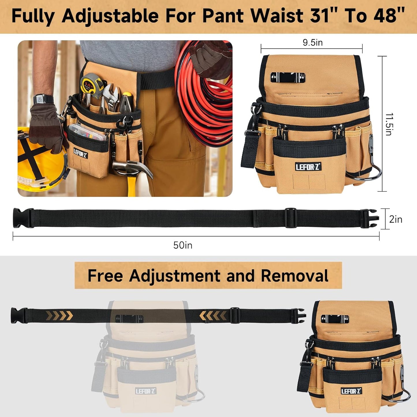 Tool Belt,Magnetic Tool Pouch,14-Pockets Tool Belts for Men,Detachable & Adjustable Tool Pouch Belt for Electrician,Carpenter,Construction,Work Apron,Utility Belt,Black-Brown