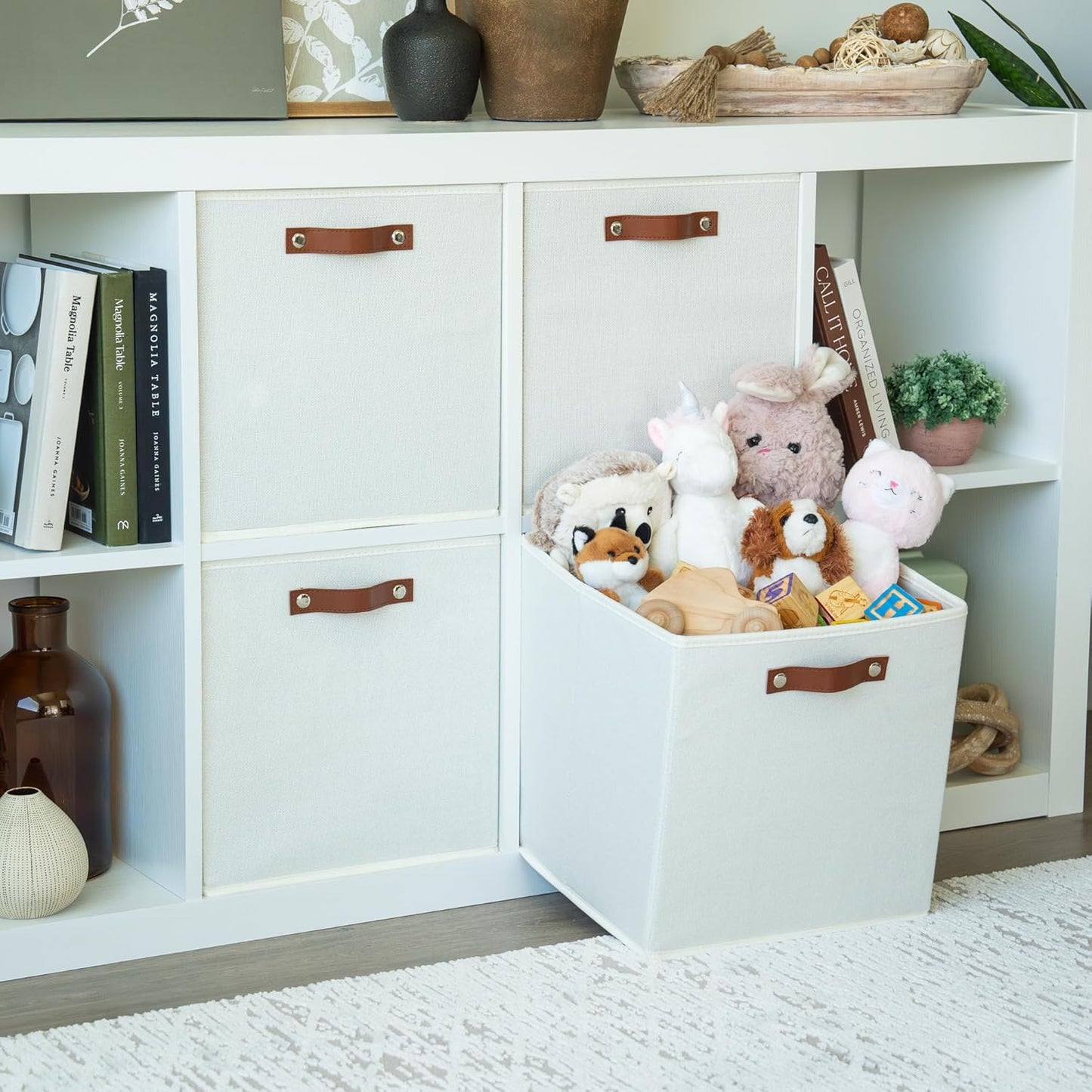 OrganiHaus 13x13 Cube Fabric Storage Bins Set of 4, Fabric Storage Cubes w/ Vegan Handles, 13 inch Collapsible Bins for Clothes & Toy Organizer, Cubbies Organizer, 13x13 Basket for Decor - White