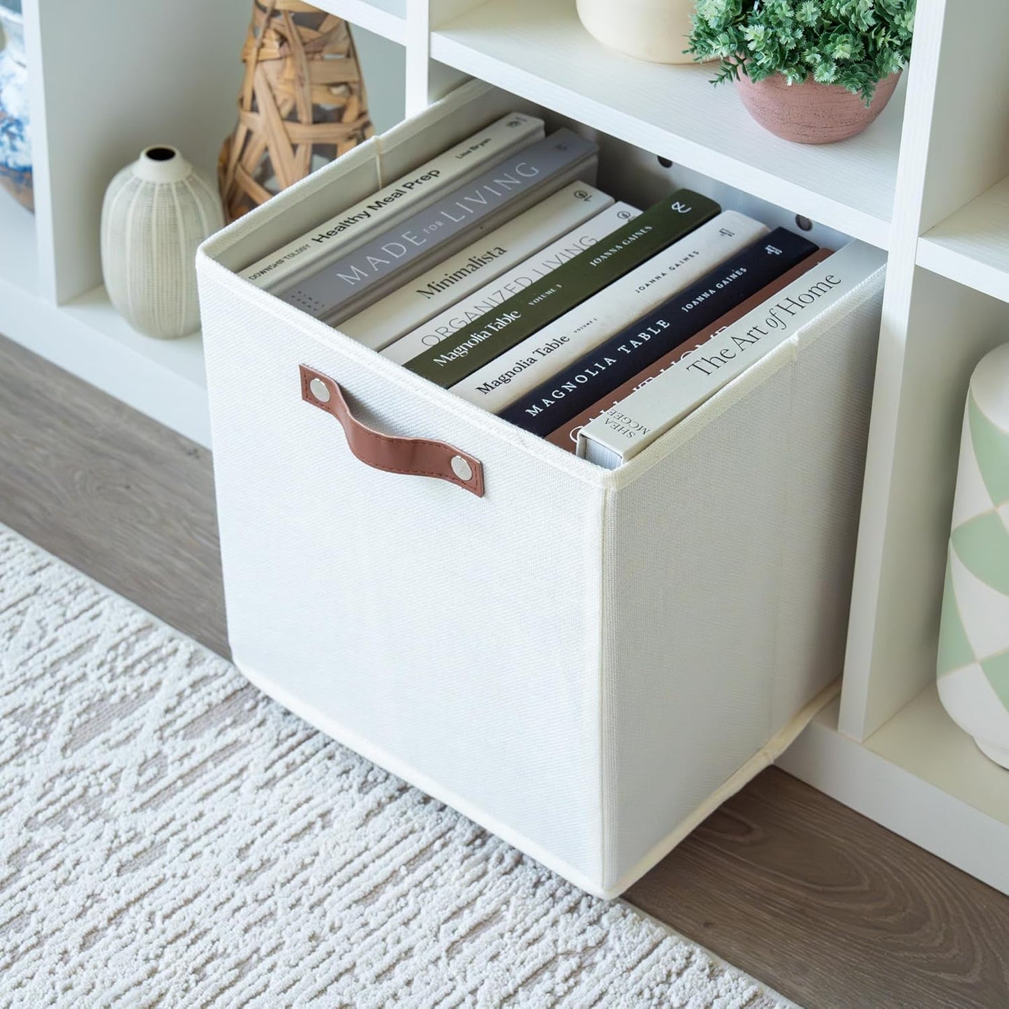 OrganiHaus White 12x12 Fabric Storage Bins - Set of 4, Cube Fabric Organizer Bins with Vegan Handles, Kallax Storage Cubes, Cubbies Organizer Boxes, 12Inch Cubic Baskets for Shelves