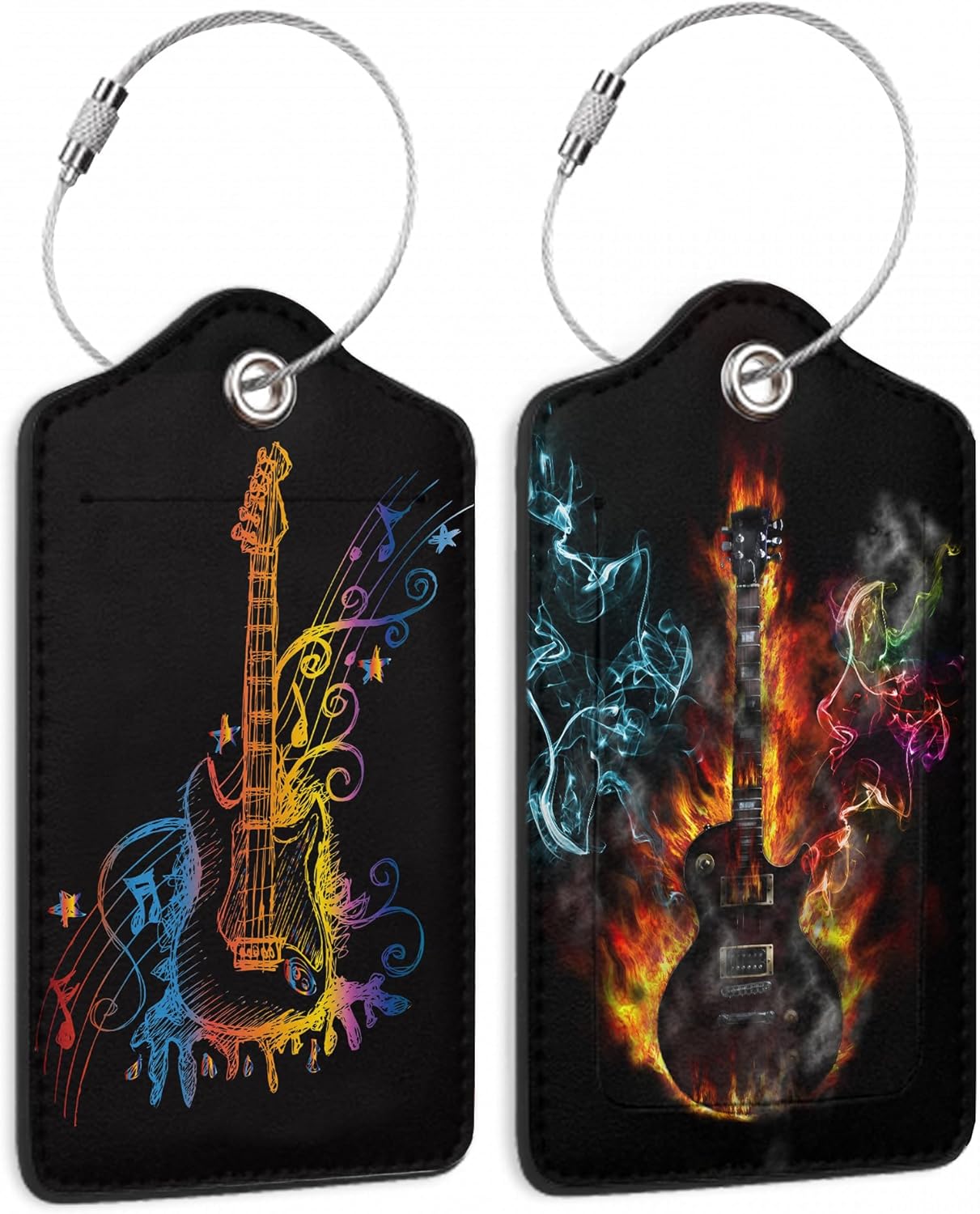 2 Pack Luggage Tags with Colorful Guitar for Suitcases, Burning Electric Guitar PU Leather Luggage Tag Accessories Privacy Cover ID Label with Stainless Steel Loop for Travel Bag for Women Girls