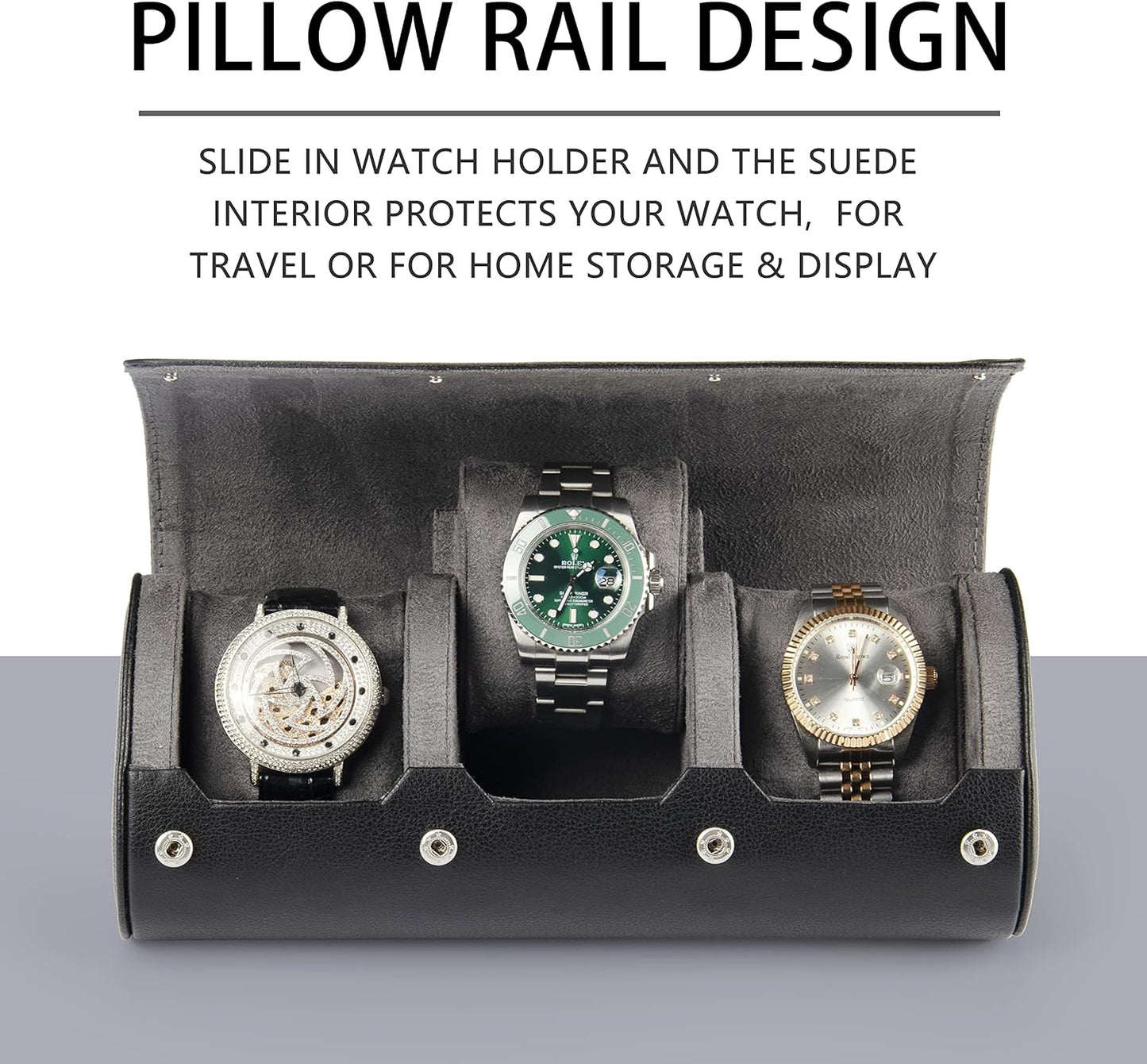 Watch Travel Case for Men: 3 Slot Watch Box Organizer Display Case - Portable Watch Storage & Travel Case - Watch Roll Fits All Wrist Watches & Smart Watches Up to 50mm (Black)