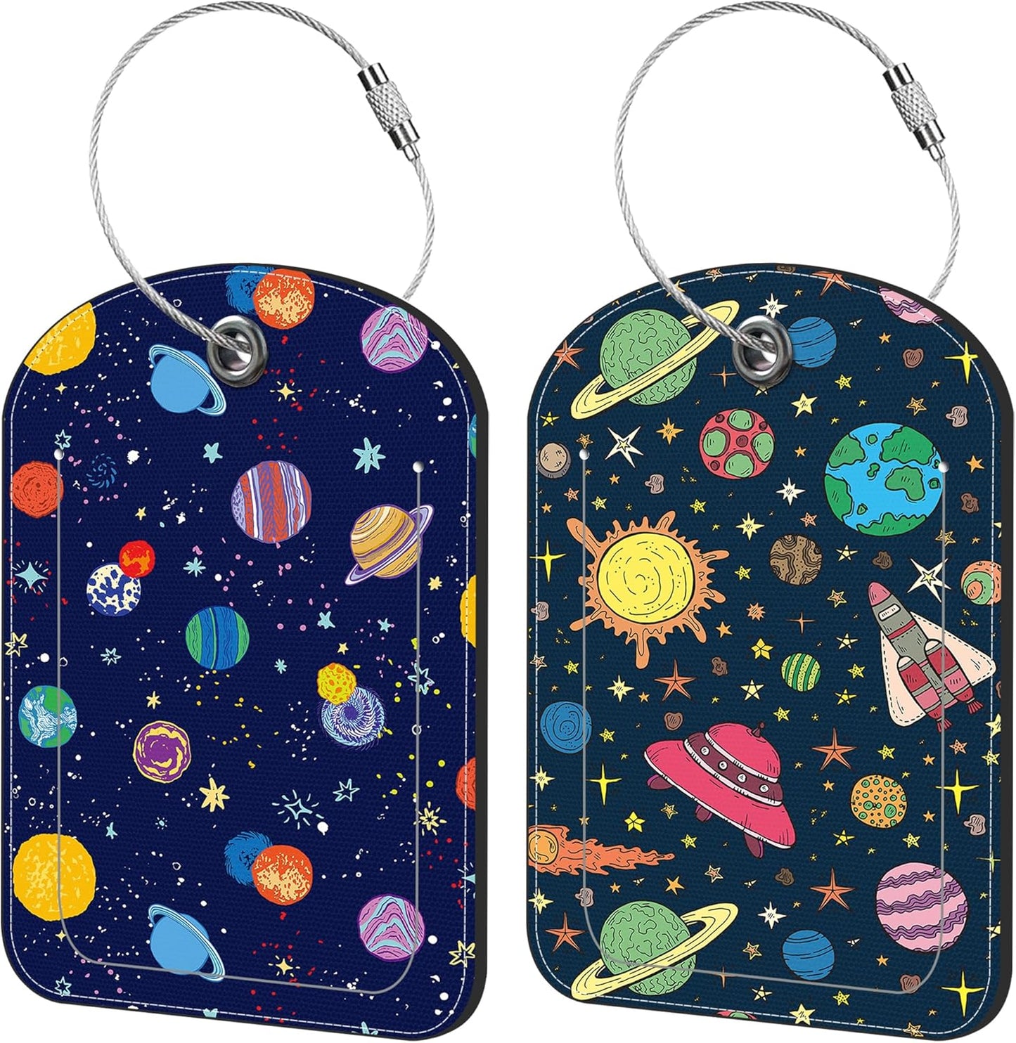 Space Planets Luggage Tag for Suitcase Set of 2 PU Leather Cute Luggage Tags with Stainless Metal Loop ID Label Privacy Flap Suitcase Tags for Women and Men Travel