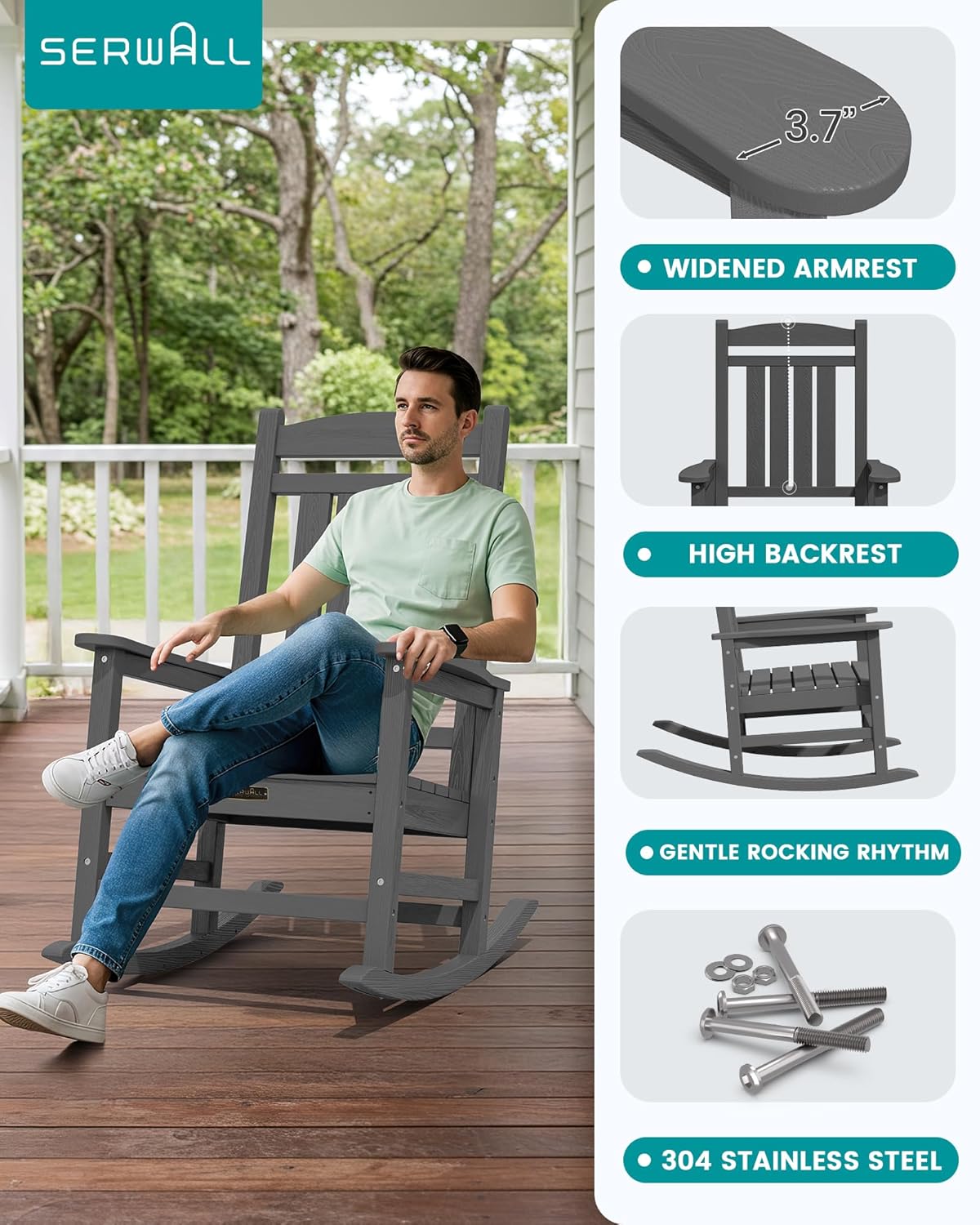 SERWALL Outdoor Rocking Chair Set of 2, HDPE Patio Rocking Chair All-Weather Porch Rocker for Balcony, Yard, Gray