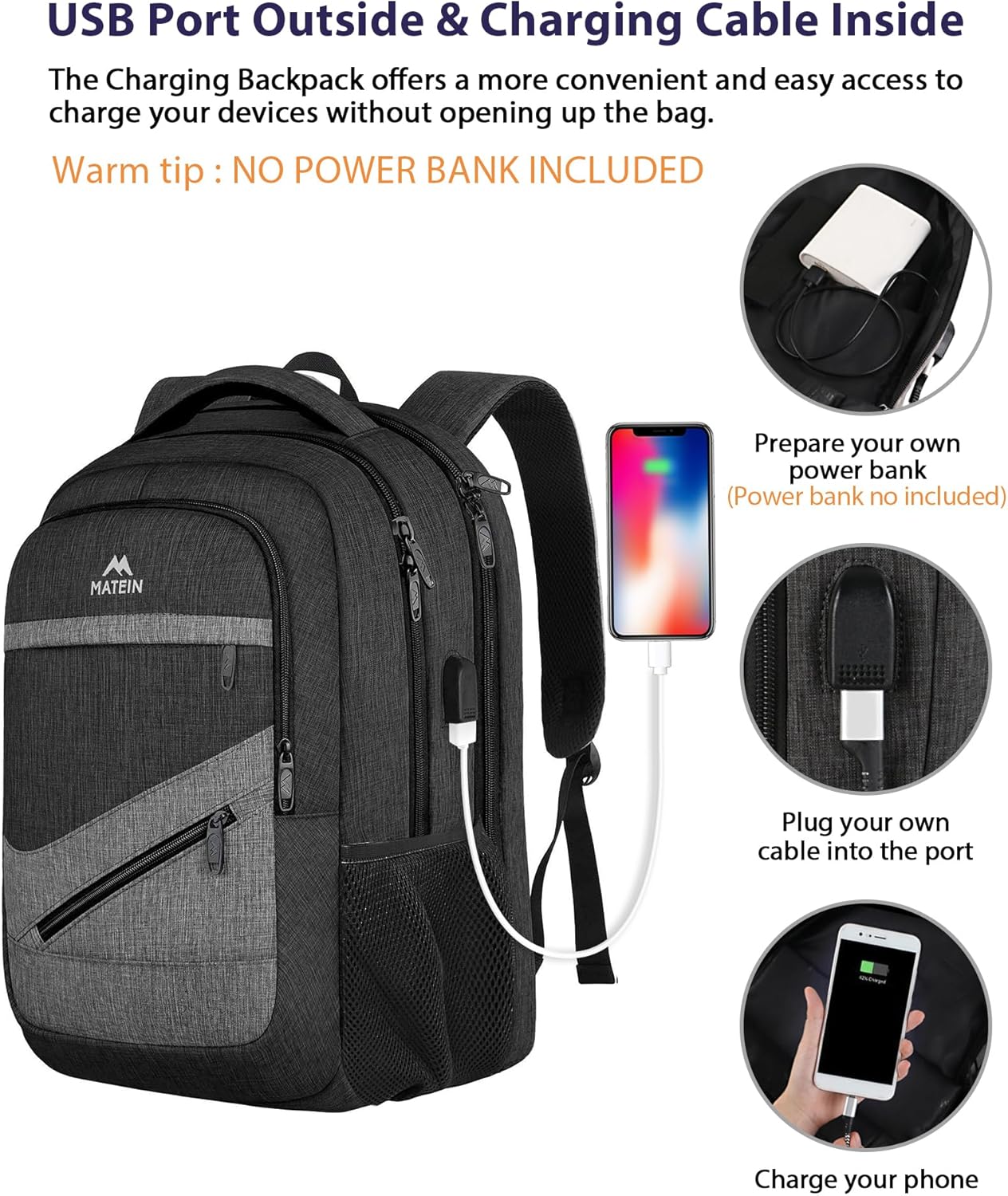 MATEIN 17 Inch Backpack for Men, Professional Work Office Laptop Backpack with USB Charging Port & Trolley Sleeve, Water Resistant Large College Daypack Travel Carry On, Black Grey