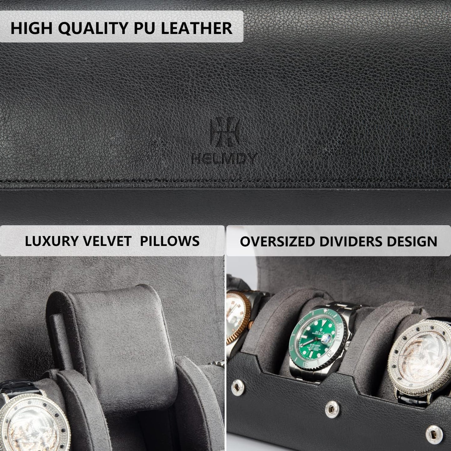 Watch Travel Case for Men: 3 Slot Watch Box Organizer Display Case - Portable Watch Storage & Travel Case - Watch Roll Fits All Wrist Watches & Smart Watches Up to 50mm (Black)