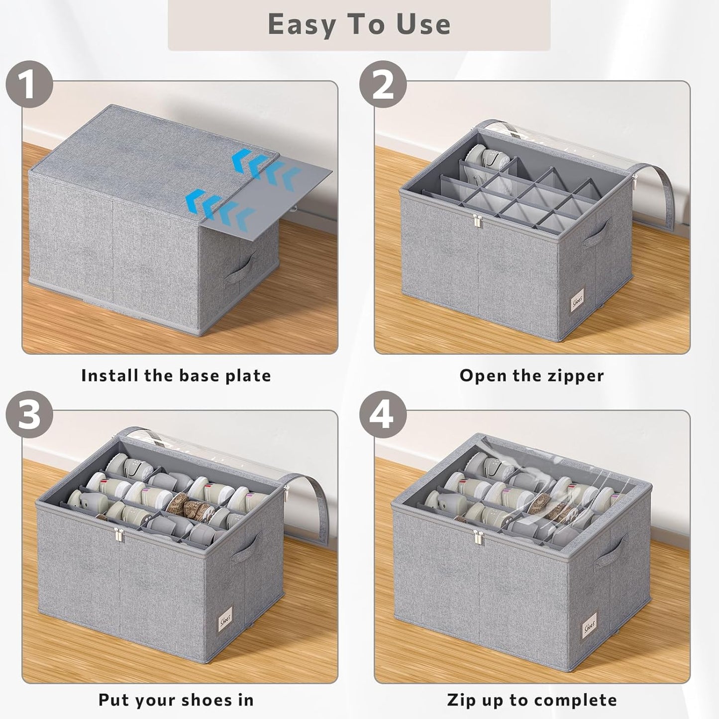 Shoe Organizer for Closet, 2 Pack Sturdy Shoe Storage Bins with Clear Cover, Fits 16-32 Pairs, Foldable Shoe Storage Box with Reinforced Handles (Grey, 19.7 * 15.7 * 12.6in)