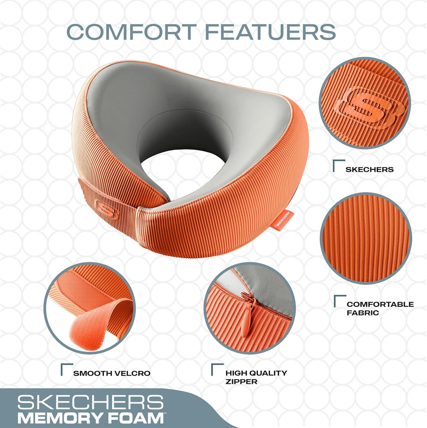 Skechers Women's Memory Foam Neck Pillow, Comfortable & Breathable Travel Pillow, Neck Pillow Airplane for Travel, Car Rides, Home, and Office Use, Ergonomic Design for Men and Women,Orange