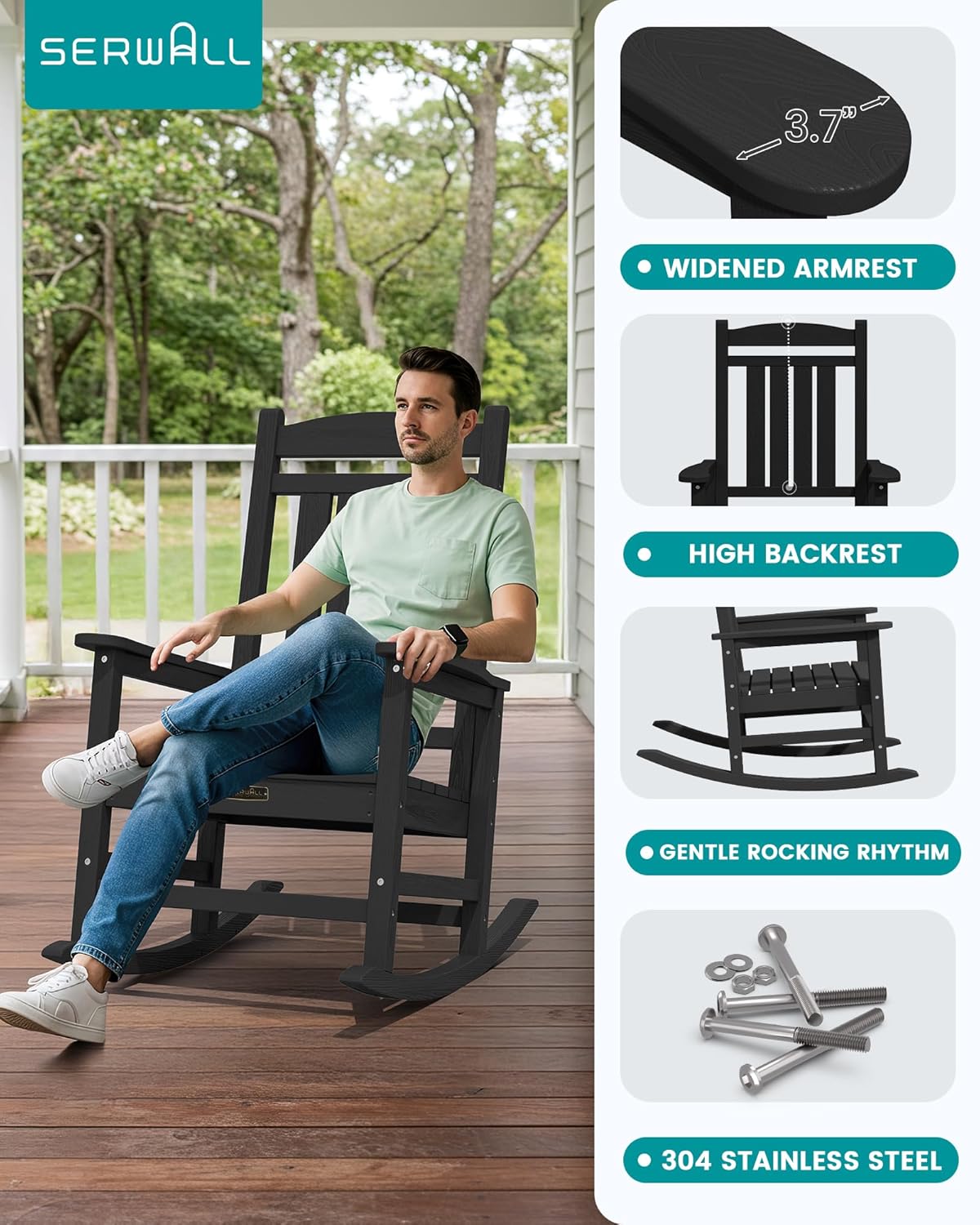 SERWALL Outdoor Rocking Chair Set of 2, HDPE Patio Rocking Chair All-Weather Porch Rocker for Balcony, Yard, Black