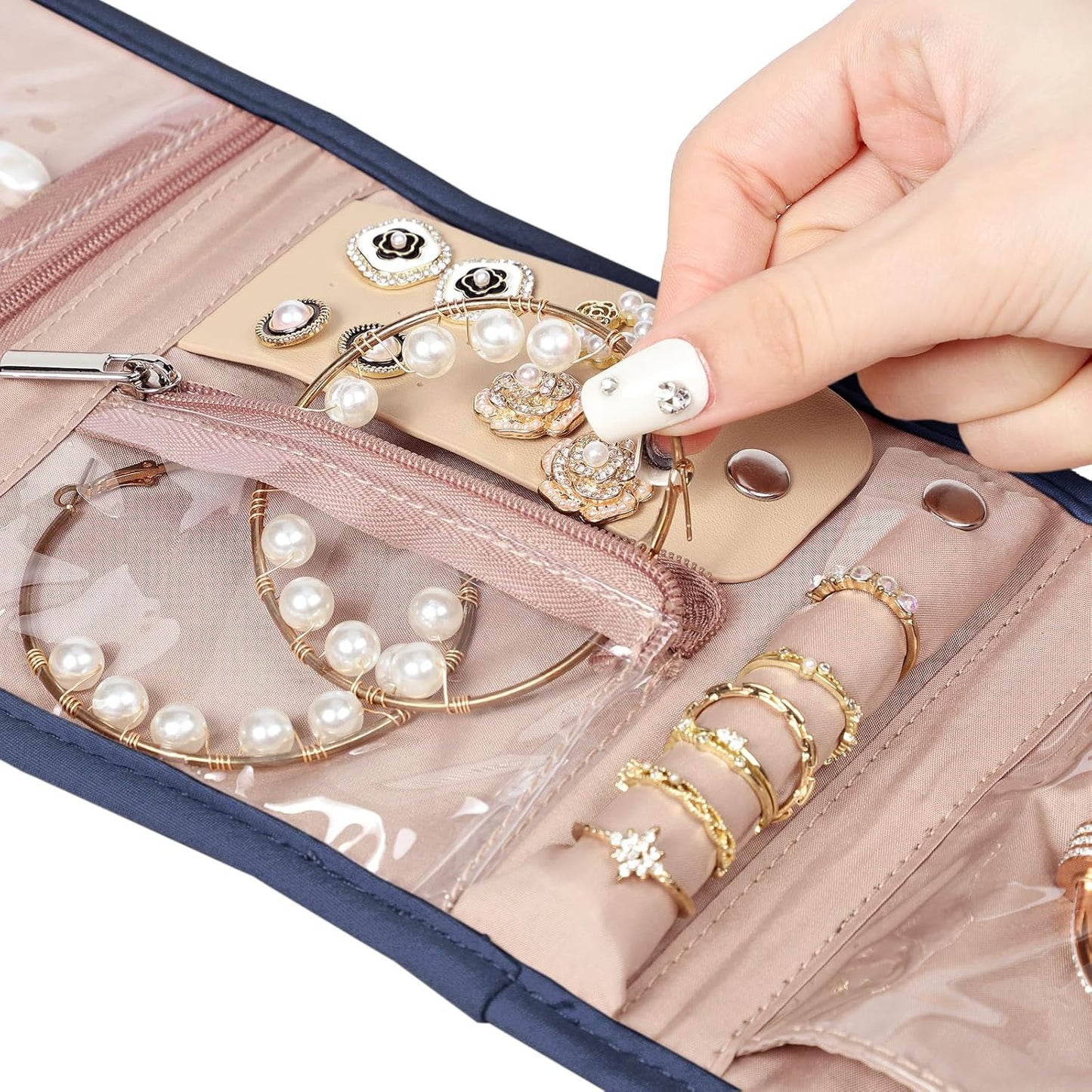 BELALIFE Travel Jewelry Case Organizer, Small Foldable Storage Roll for Earrings, Necklaces, Rings, Bracelets, Brooches, Blue-Gray