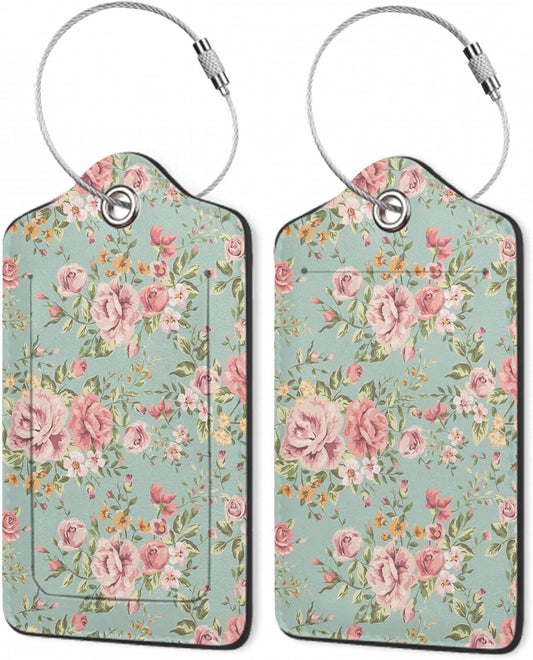 2Pcs Luggage Tag for Suitcase Vintage Floral Shabby Chic Pink Rose Cute Suitcase Tag with Privacy Flap & Name ID Label & Metal Loop,Travel Bag Luggage Tags for Women