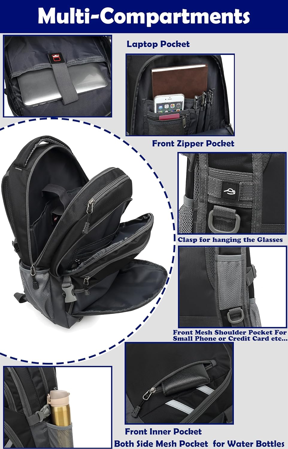 ProEtrade Backpack Bookbag for College Laptop Travel, Fit Laptop Up to 15.6 inch with USB Charging Port Multi Compartment Anti theft, Gift for Women Men (Black)