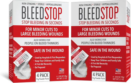 BleedStop™ First Aid Powder for Blood Clotting, Trauma Kit, Blood Thinner Patients, Camping Safety, and Survival Equipment for Moderate to Severe Bleeding Wounds or Nosebleeds (Double 4 Pack 15g)