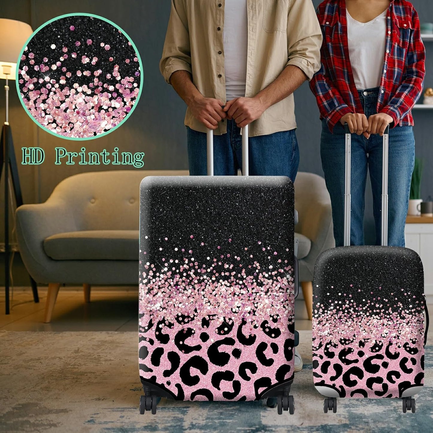 Luggage Cover + Tag, Pink Leopards Travel Suitcase Cover for 22-24 inch Luggage (M) with Concealed Zipper, Washable Elastic Cloth, Dustproof, Anti-Scratch
