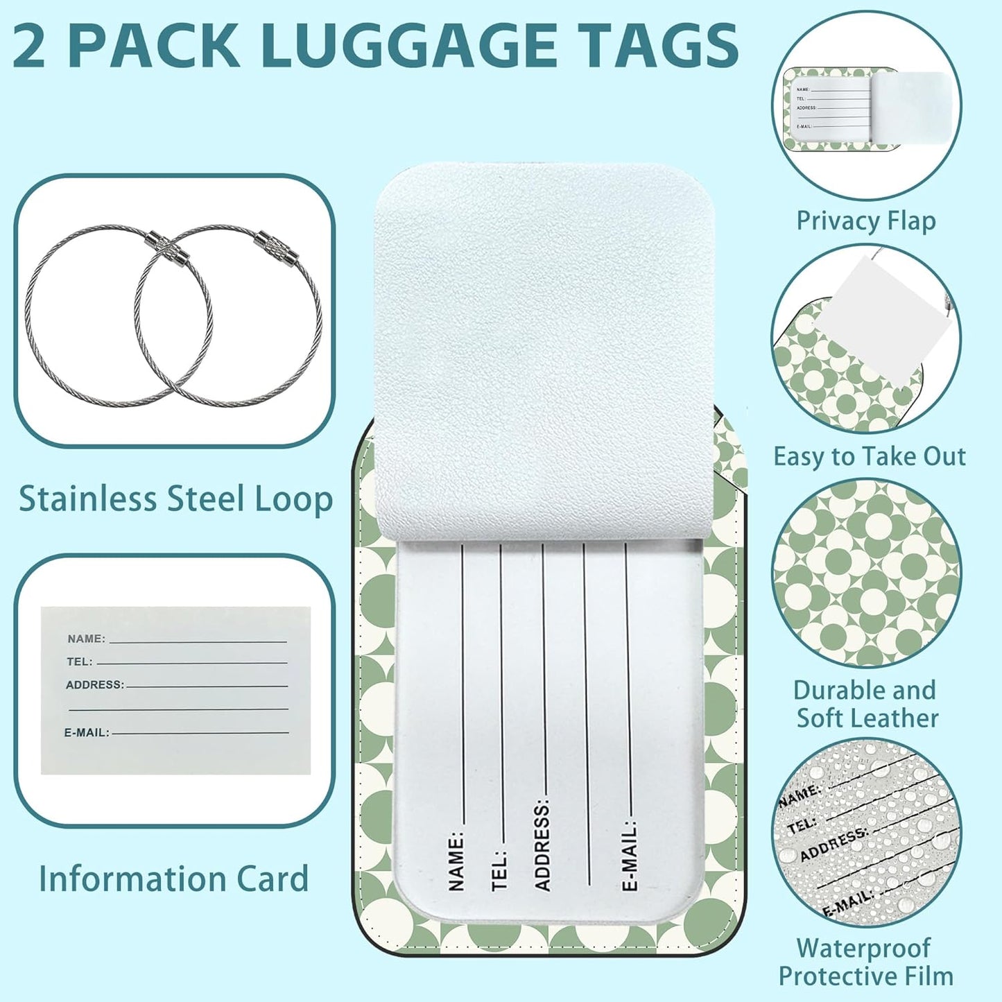 Vintage Flowers Luggage Tag for Suitcase Set of 2 PU Leather Cute Luggage Tags with Stainless Metal Loop ID Label Privacy Flap Suitcase Tags for Women and Men Travel