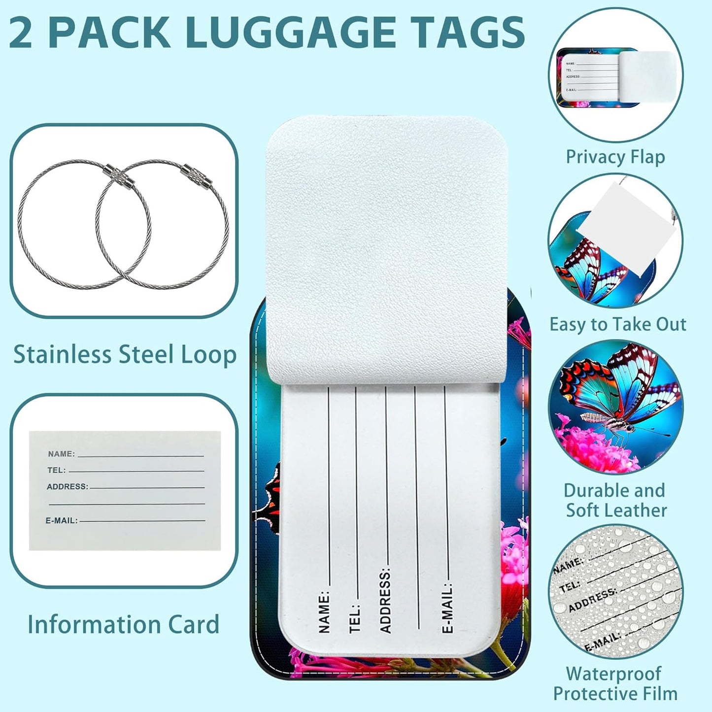 Beautiful Butterfly and Flowers Luggage Tag for Suitcase Set of 2 PU Leather Cute Luggage Tags with Stainless Metal Loop ID Label Privacy Flap Suitcase Tags for Women and Men Travel