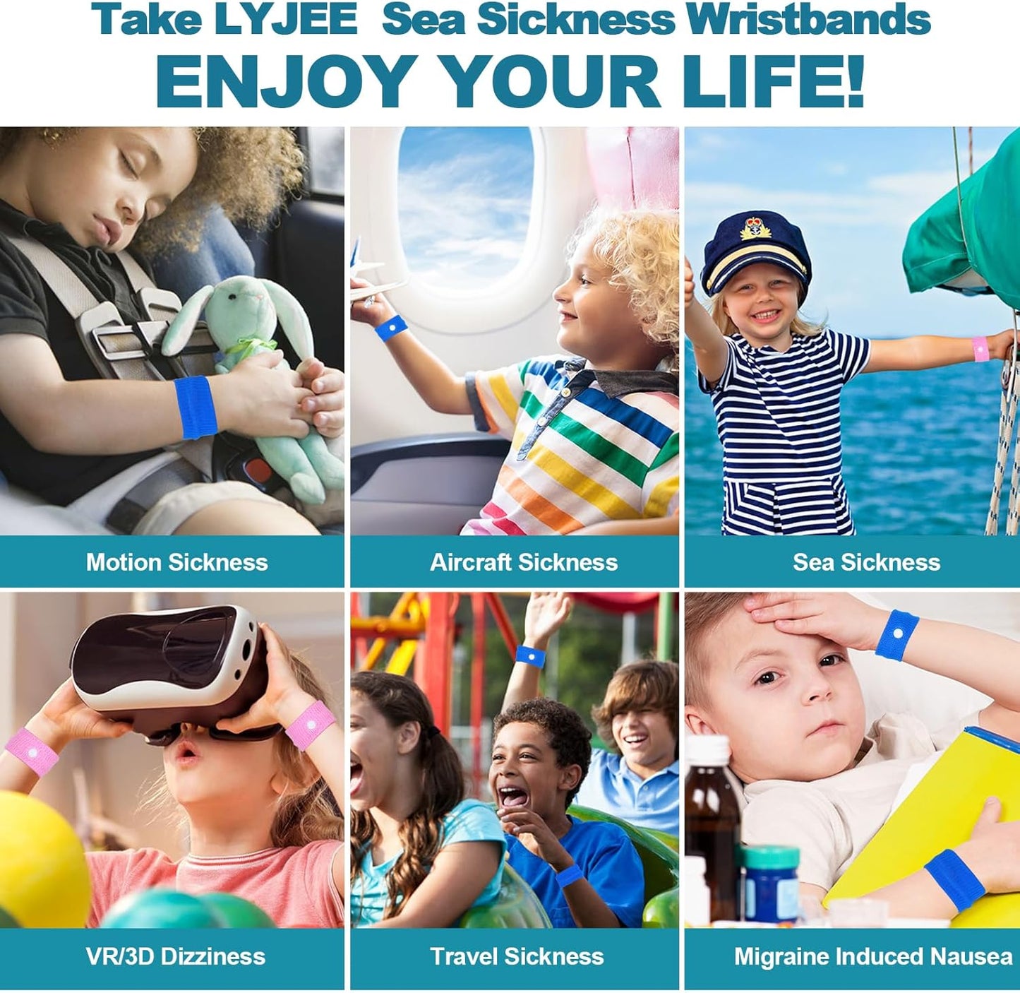 LYJEE Motion Sickness Bands for Kids, Travel Sickness Relief Wristbands, Anti-Nausea Wristbands for Car or Sea Sickness