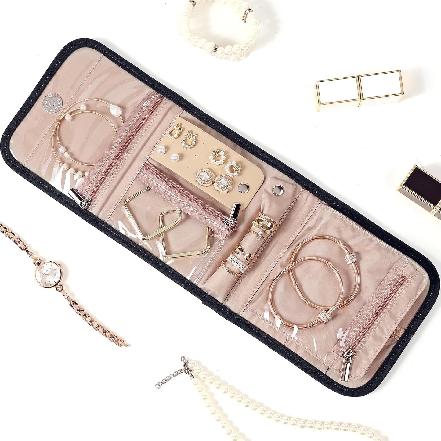 BELALIFE Travel Jewelry Case Organizer, Small Foldable Storage Roll for Earrings, Necklaces, Rings, Bracelets, Brooches, Black