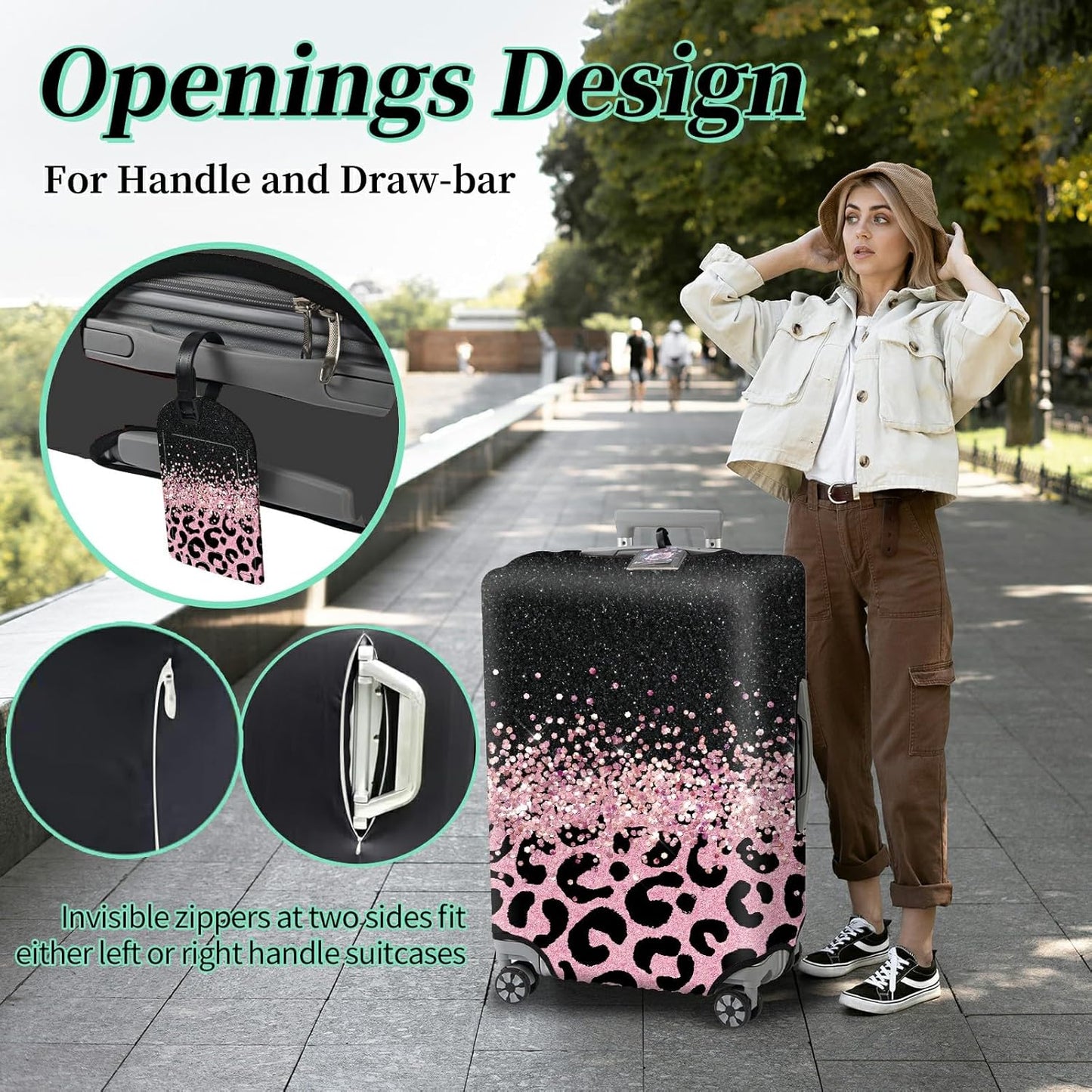 Luggage Cover + Tag, Pink Leopards Travel Suitcase Cover for 22-24 inch Luggage (M) with Concealed Zipper, Washable Elastic Cloth, Dustproof, Anti-Scratch