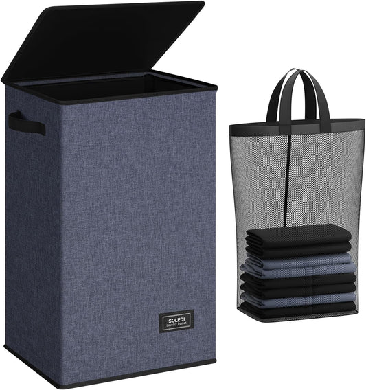 SOLEDI Laundry Hamper with Lid 90L Large & Tall Collapsible Laundry Basket, Clothes Hamper with Bag Removable Easy to Carry, Dirty Hampers for Bedroom, Bathroom, Dorm, College, Navy Blue