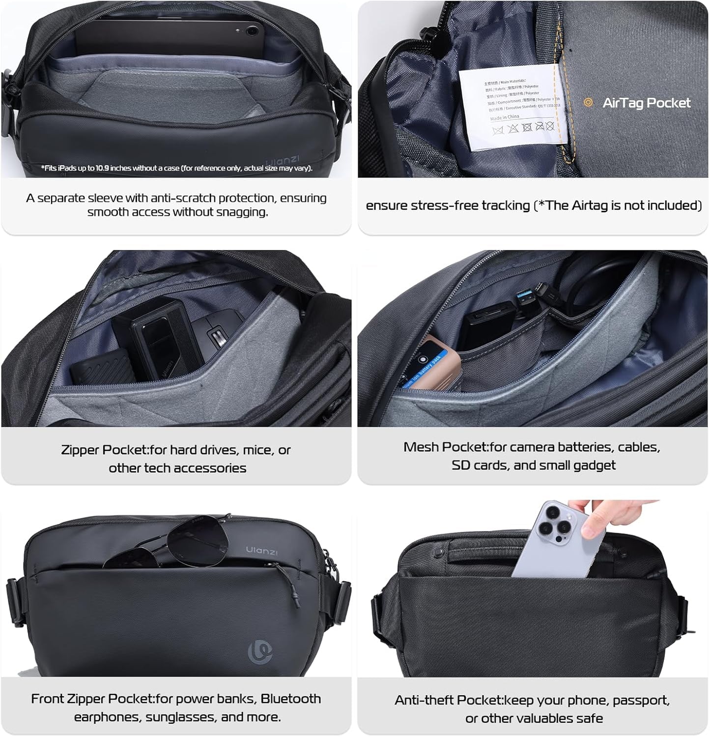 ULANZI Camera Sling Bag, Water-Resistant Camera Case with Tripod Holder, DSLR/SLR/Mirrorless Camera Bags Crossbody for photographers - Black