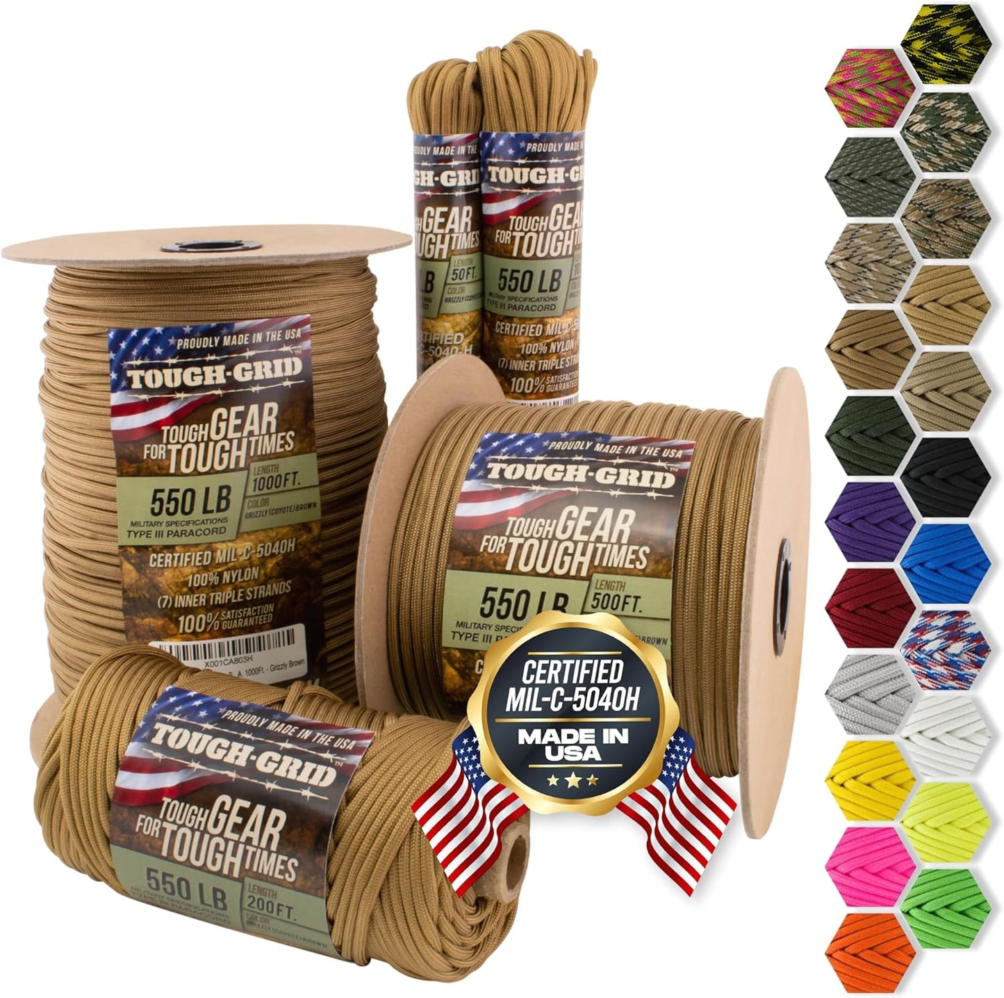 TOUGH-GRID 550 Paracord Rope Nylon Parachute Cord, Made in USA Survival Kit, Outdoor Adventures, Camping, Tactical Gear & Emergency Supplies, Military Type III Mil-Spec