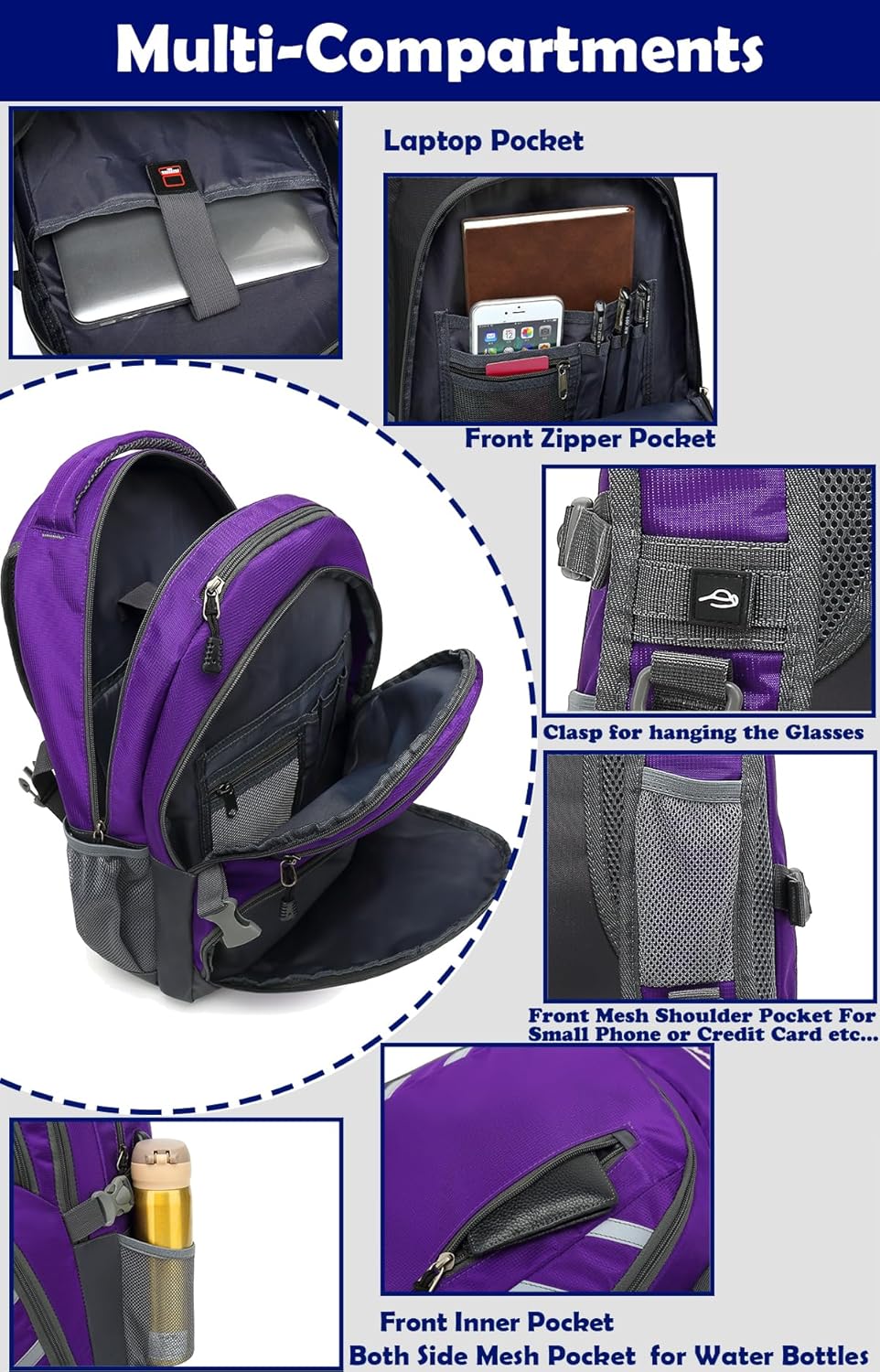 ProEtrade Backpack Bookbag for College Laptop Travel, Fit Laptop Up to 15.6 inch with USB Charging Port Multi Compartment Anti theft, Gift for Women Men (Purple)