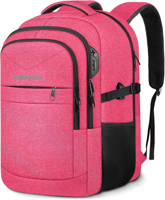 Lapsouno Extra Large Backpack, 17.3 Inch Travel Laptop Backpack, Water Resistant Casual Hiking Daypack, Computer Bag with USB Port, College School Business Carry on Rucksack for Women, Pink