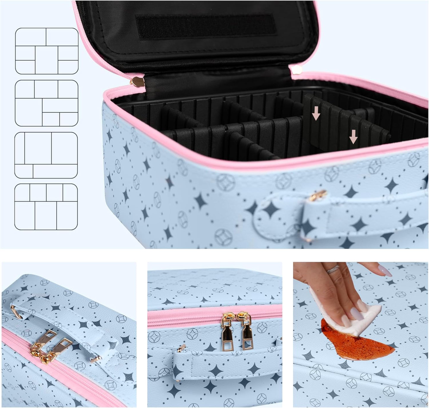Travel Makeup Bag With 360° rotating LED Mirror,Waterproof cosmetic organizer,Portability Cosmetic case,Makeup organizer,Gift for Women,Girls Gift (Blue+Pink)