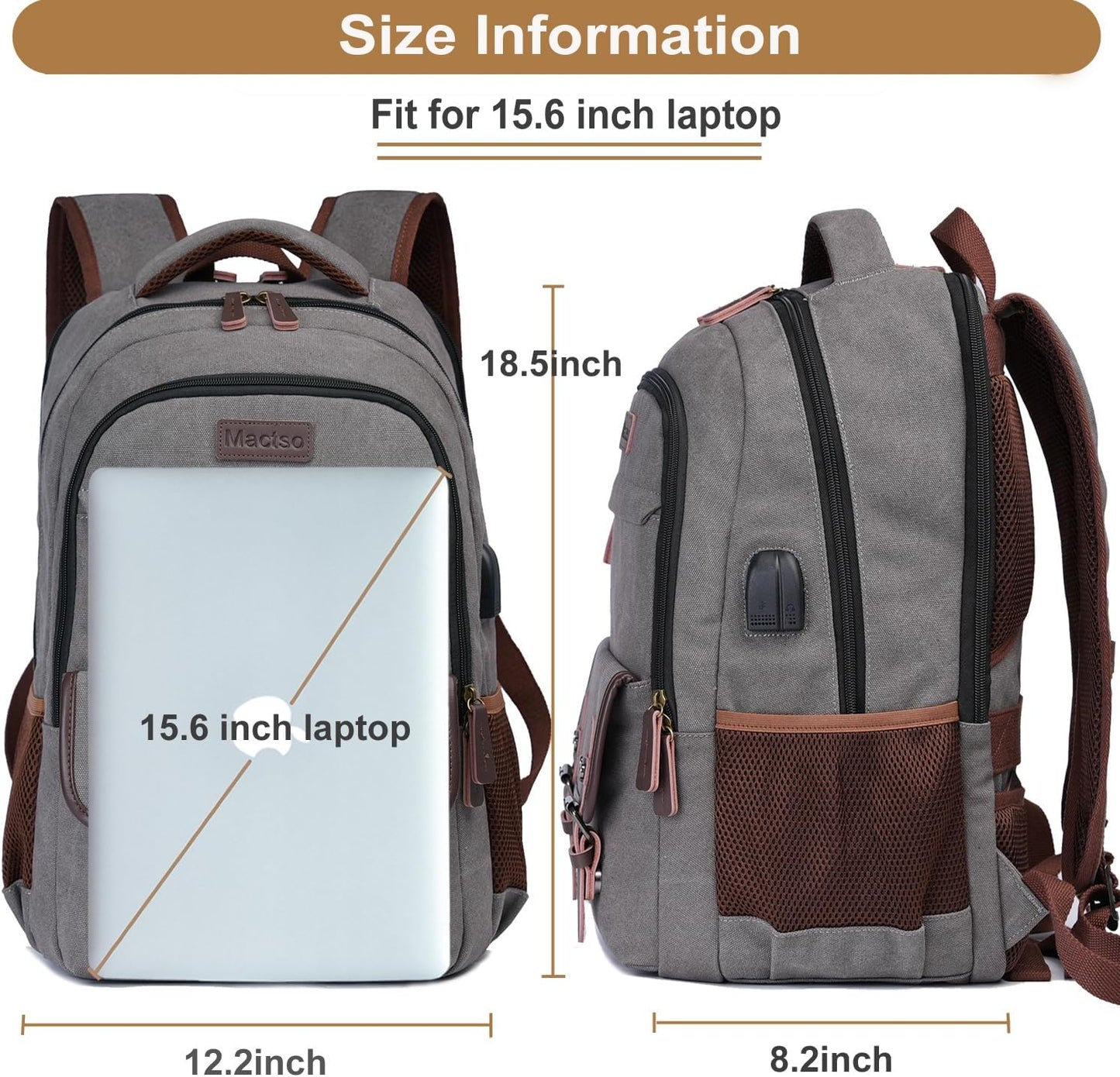 Mactso Canvas Travel Laptop Backpack for Men Women, Business Work Rucksack College School Computer Bag Fits 15.6 Inch Notebook,Bookbag with USB Charging Port (Grey, 15.6 Inch)