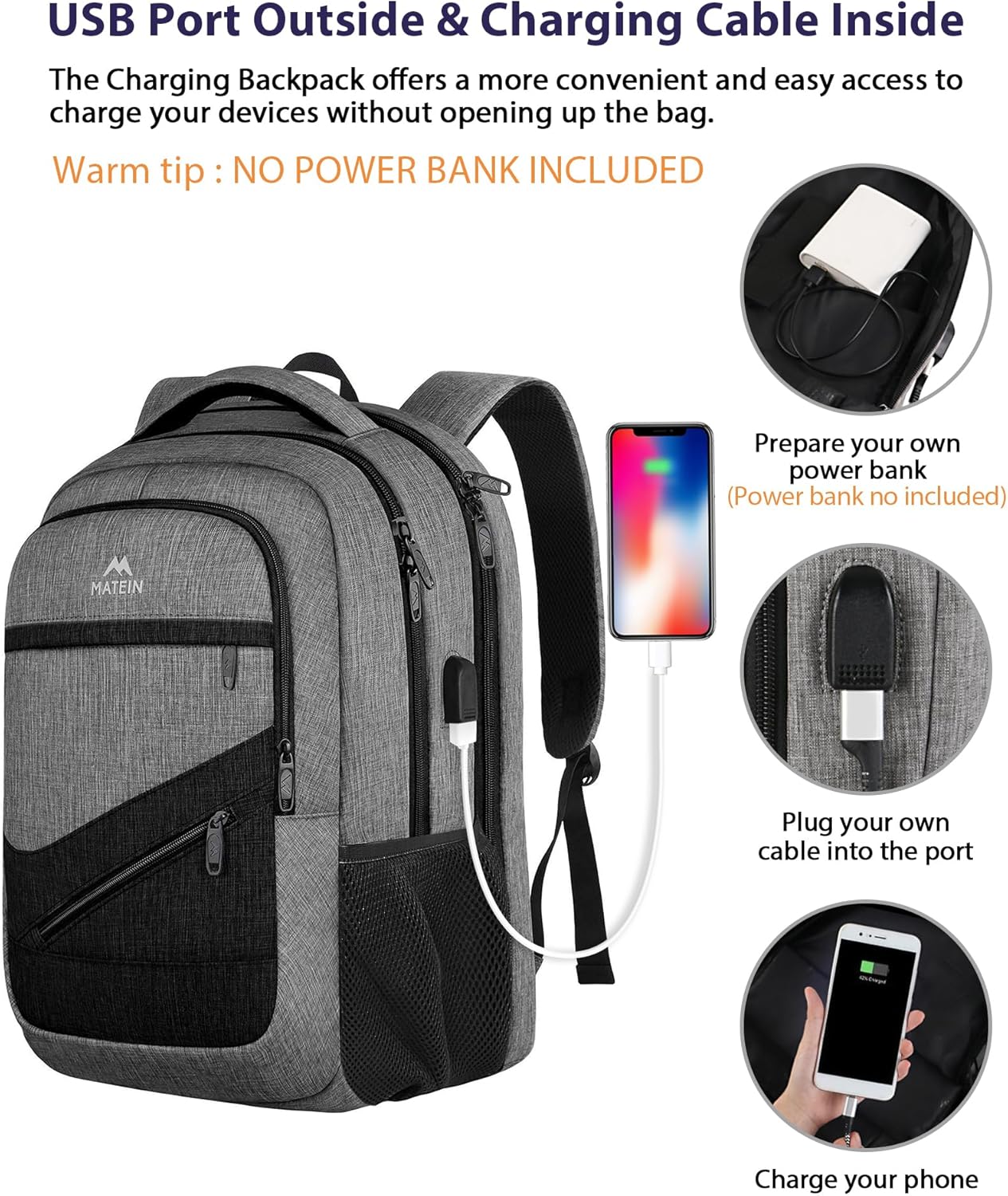 MATEIN 17 Inch Work Backpack for Men Women, Water Resistant Practical Travel Laptop Backpack with Trolley Sleeve, Casual College Daypack Laptop Compartment TSA Friendly, Grey Black