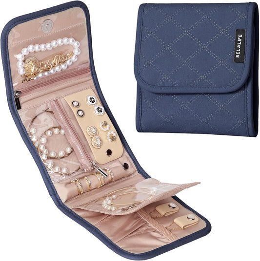 BELALIFE Travel Jewelry Case Organizer, Small Foldable Storage Roll for Earrings, Necklaces, Rings, Bracelets, Brooches, Blue-Gray