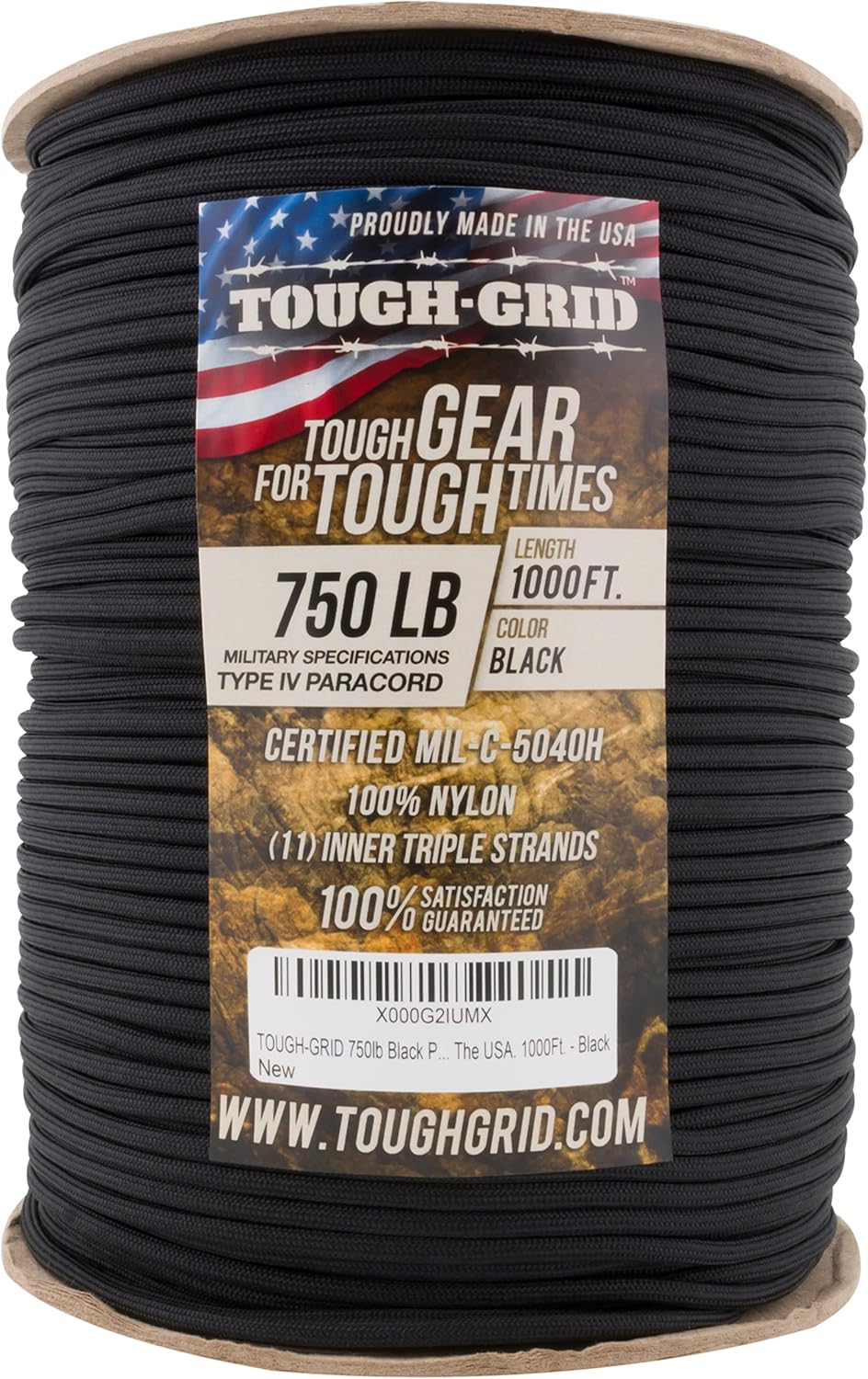 TOUGH-GRID 750 Paracord Rope Nylon Parachute Cord, Made in USA Survival Kit, Outdoor Adventures, Camping, Tactical Gear & Emergency Supplies, Military Type IV Mil-Spec