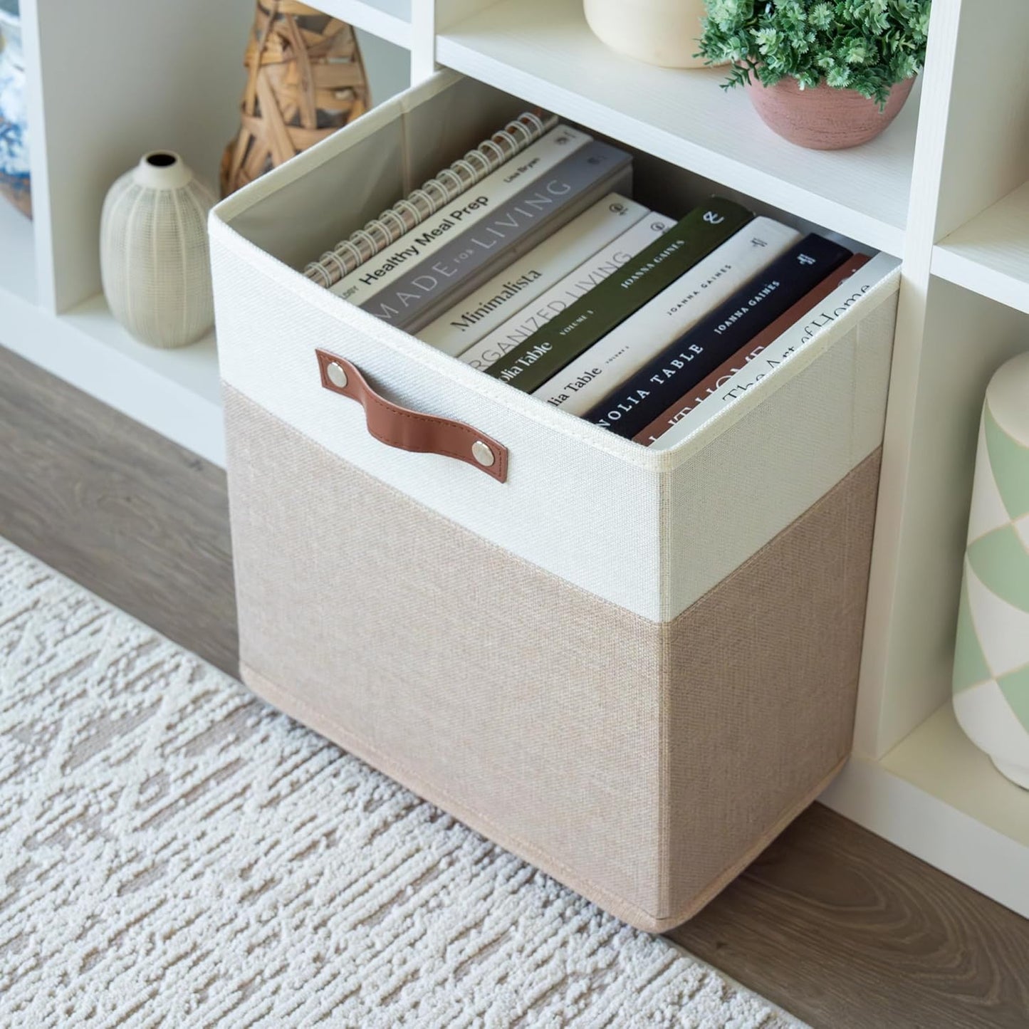 OrganiHaus 12x12 Fabric Storage Bins - Set of 4, Cube Fabric Organizer Bins with Vegan Handles, Kallax Storage Cubes, Cubbies Organizer Boxes, 12Inch Cubic Baskets for Shelves - Beige/White