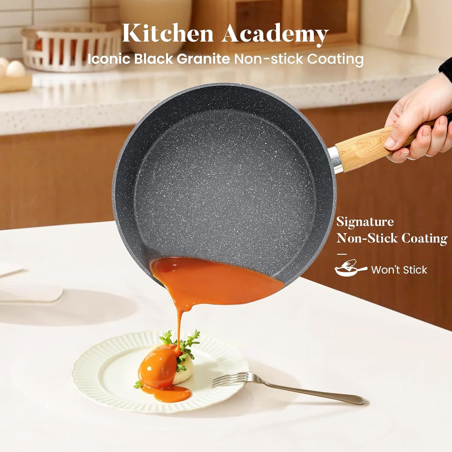 Kitchen Academy Granite Nonstick Cookware Set - 17 Piece Gray Cooking Pans Set, Induction Pots and Pans Set Non Stick, PFOA & PFOS Free.