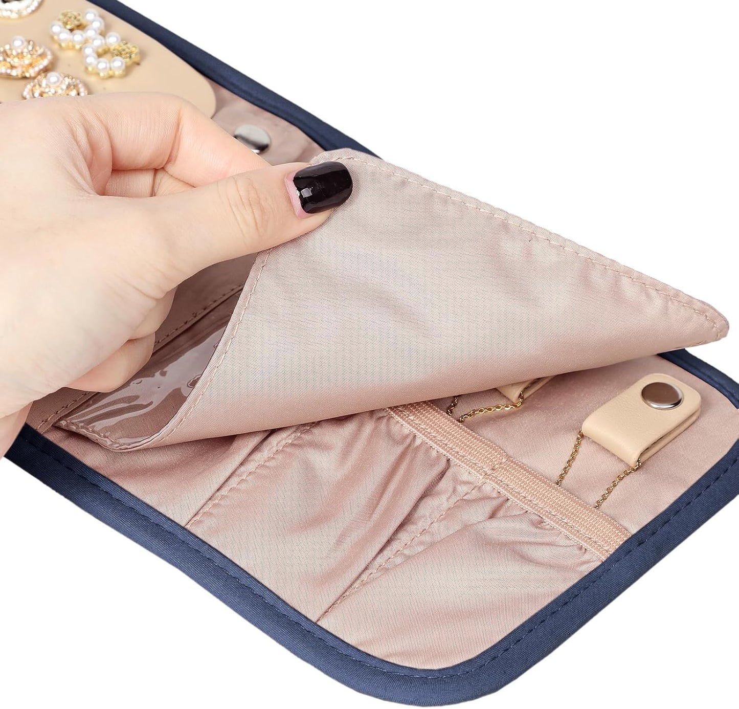 BELALIFE Travel Jewelry Case Organizer, Small Foldable Storage Roll for Earrings, Necklaces, Rings, Bracelets, Brooches, Blue-Gray