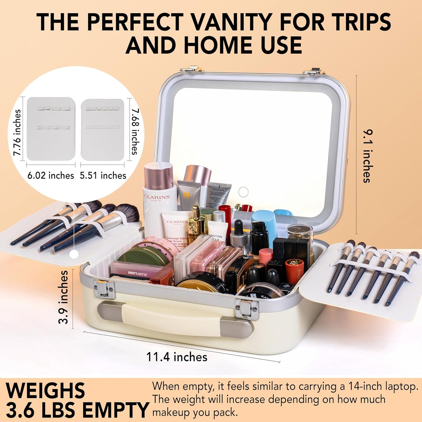 Lighted Makeup Case with Mirror - Standard Size 11.4" x 9" - Travel Makeup Train Case With Mirror - Rechargeable LED Travel Vanity Case with Adjustable Brightness - Train Case Makeup Bag - White