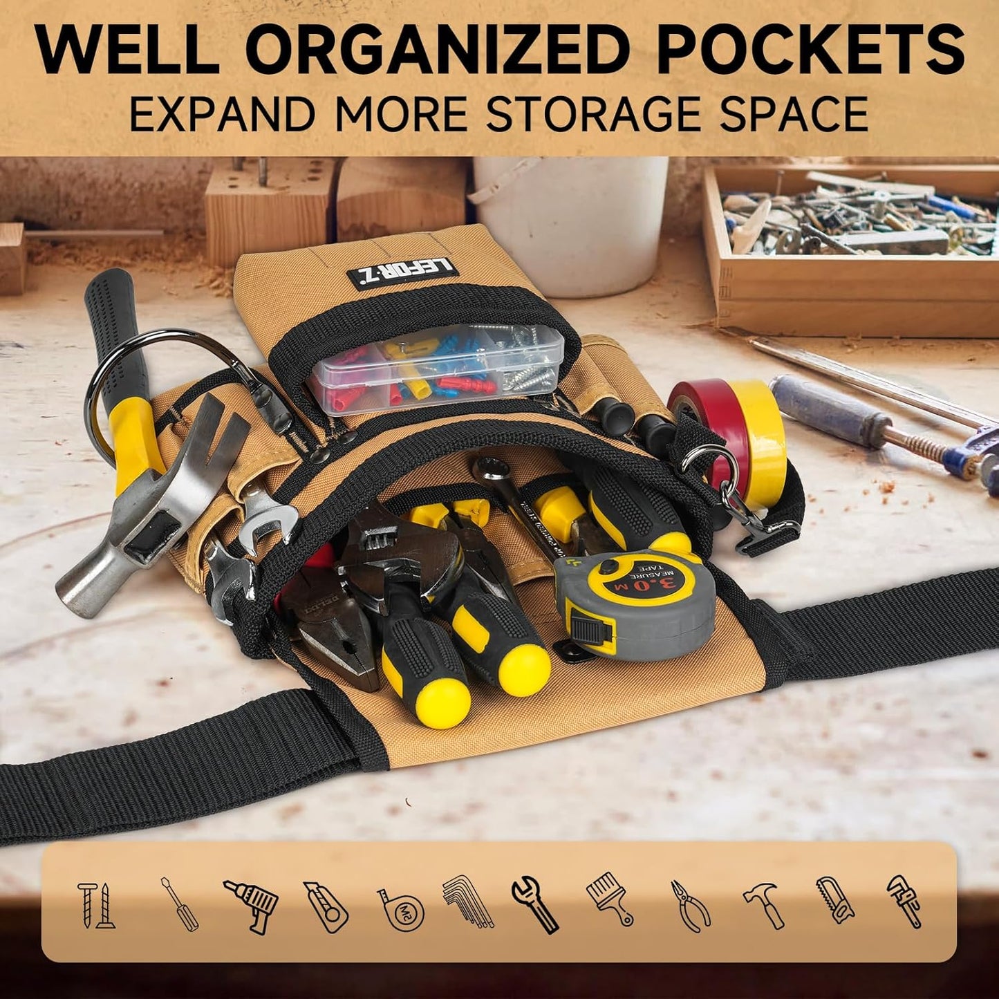 Tool Belt,Magnetic Tool Pouch,14-Pockets Tool Belts for Men,Detachable & Adjustable Tool Pouch Belt for Electrician,Carpenter,Construction,Work Apron,Utility Belt,Black-Brown